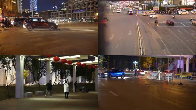 4k 城市 夜景 航拍 马路 人行道车流