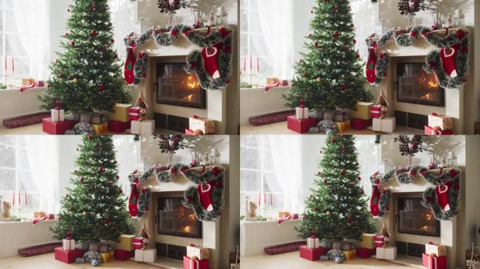 宁静的雪圣诞早晨:装饰角落的现代房子与圣诞树，壁炉和礼物的空镜头。一个家庭庆祝节日的家。慢镜头变焦