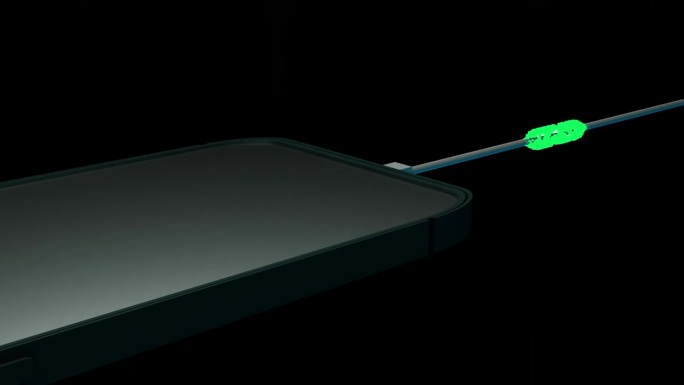 摘要手机充电用黑色背景上的充电线。绿色能源粒子进入手机无缝循环