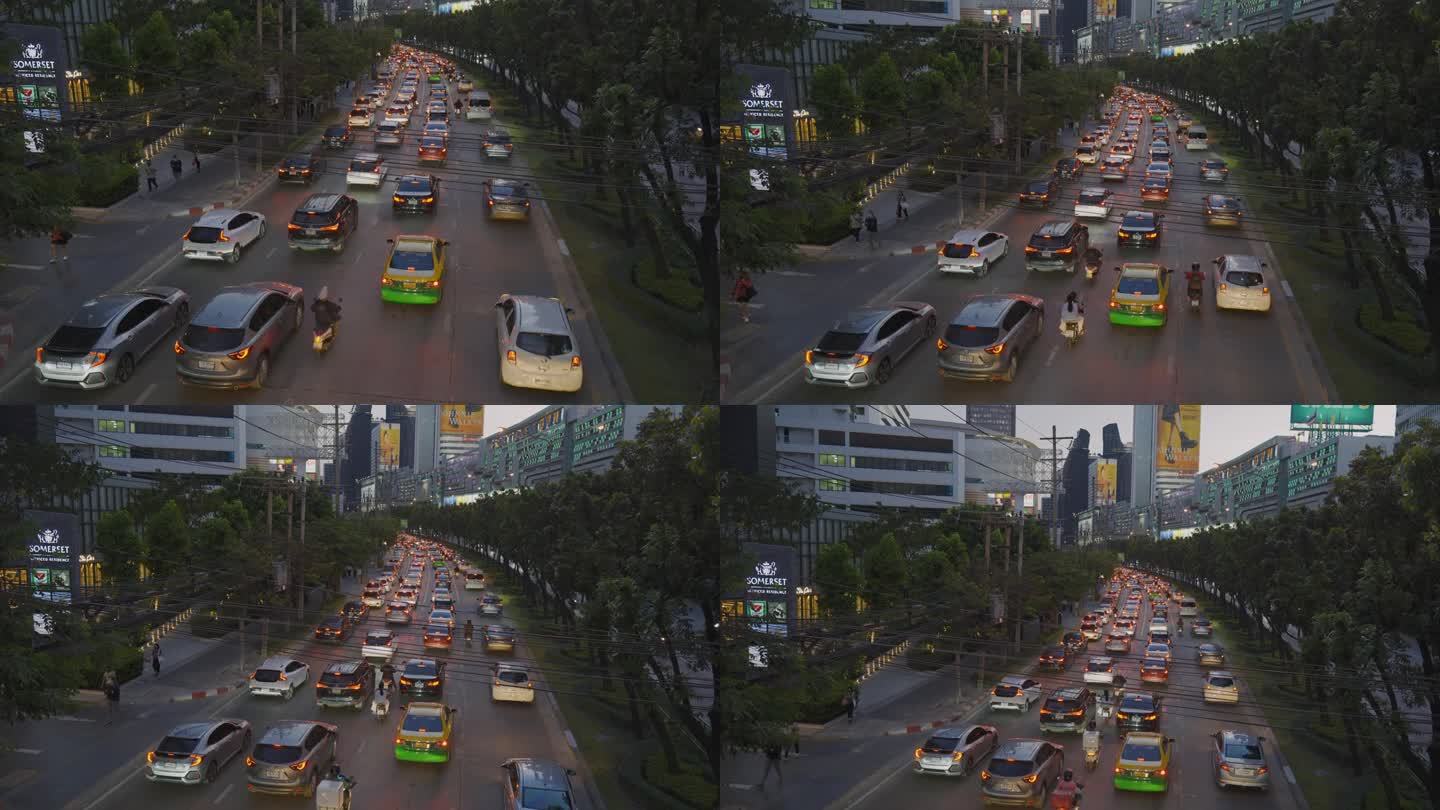 曼谷夜间交通夜间行驶堵车出租车