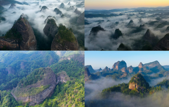 航拍通道万佛山日出云雾缭绕美丽景象