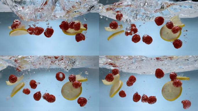 树莓和柠檬撞击水面。水果落水超级慢动作1000fps 4k