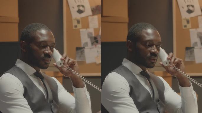 黑人男警探在夜班办公室用座机讲话