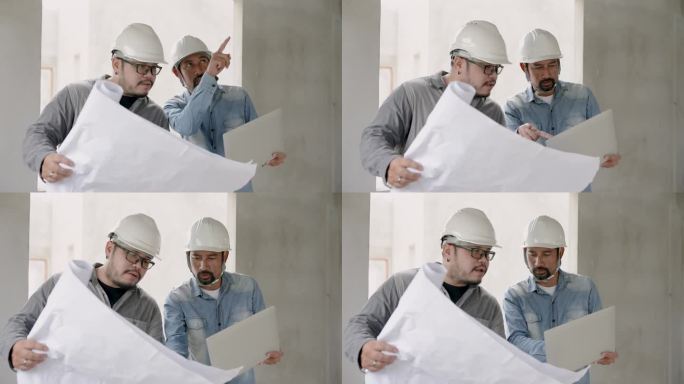 戴着头盔的大胡子印度工程师站着向工头发号施令。按照蓝图中的计划进行。让工人们赶紧在施工区域盖房子。多