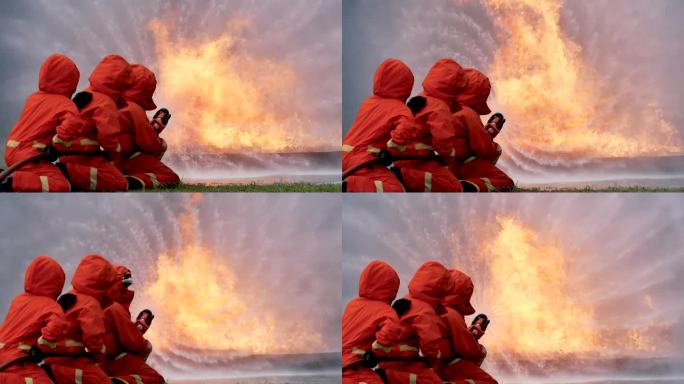 消防队员使用消防水带与火焰搏斗，化学水泡沫喷雾机。消防队员戴安全帽，穿防护服。灭火器救援训练
