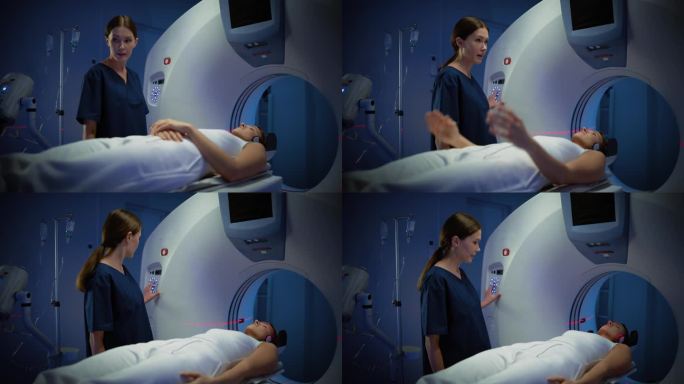 专业医生用先进的医疗技术进行紧急检查。在医学实验室，放射科医师控制接受手术的女性患者的MRI或CT或