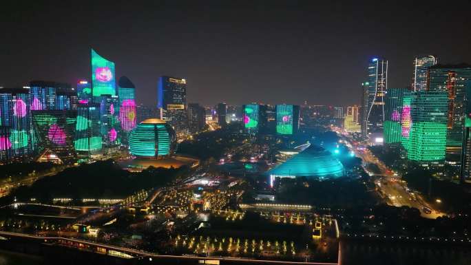 杭州钱江新城灯光秀夜晚夜景航拍城市风景风