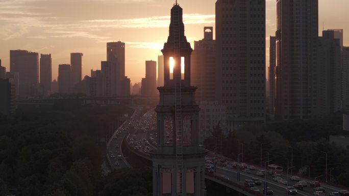 上海航拍+夕阳+车流+高架