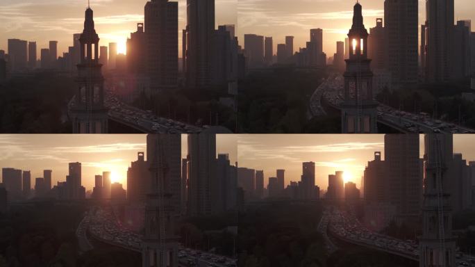 上海航拍+夕阳+车流+高架