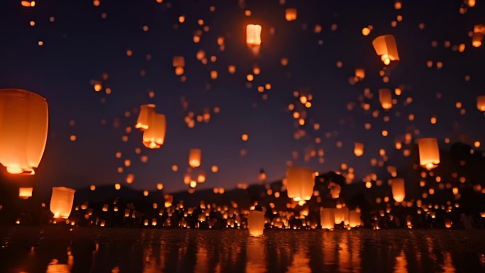 在中国传统节日城市上方绽放着璀璨的孔明灯