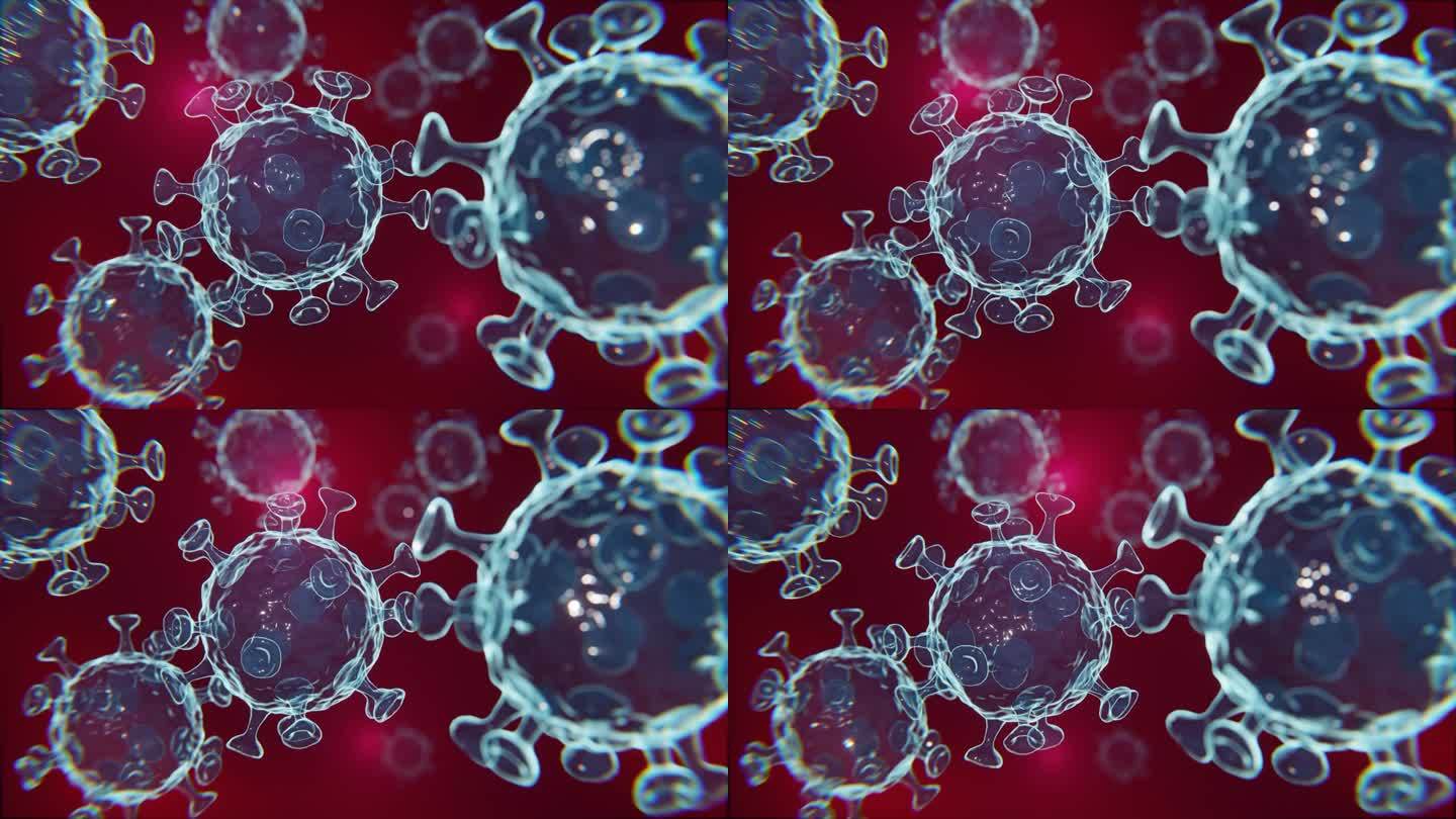 漂浮在红细胞背景上的病毒颗粒，3D渲染