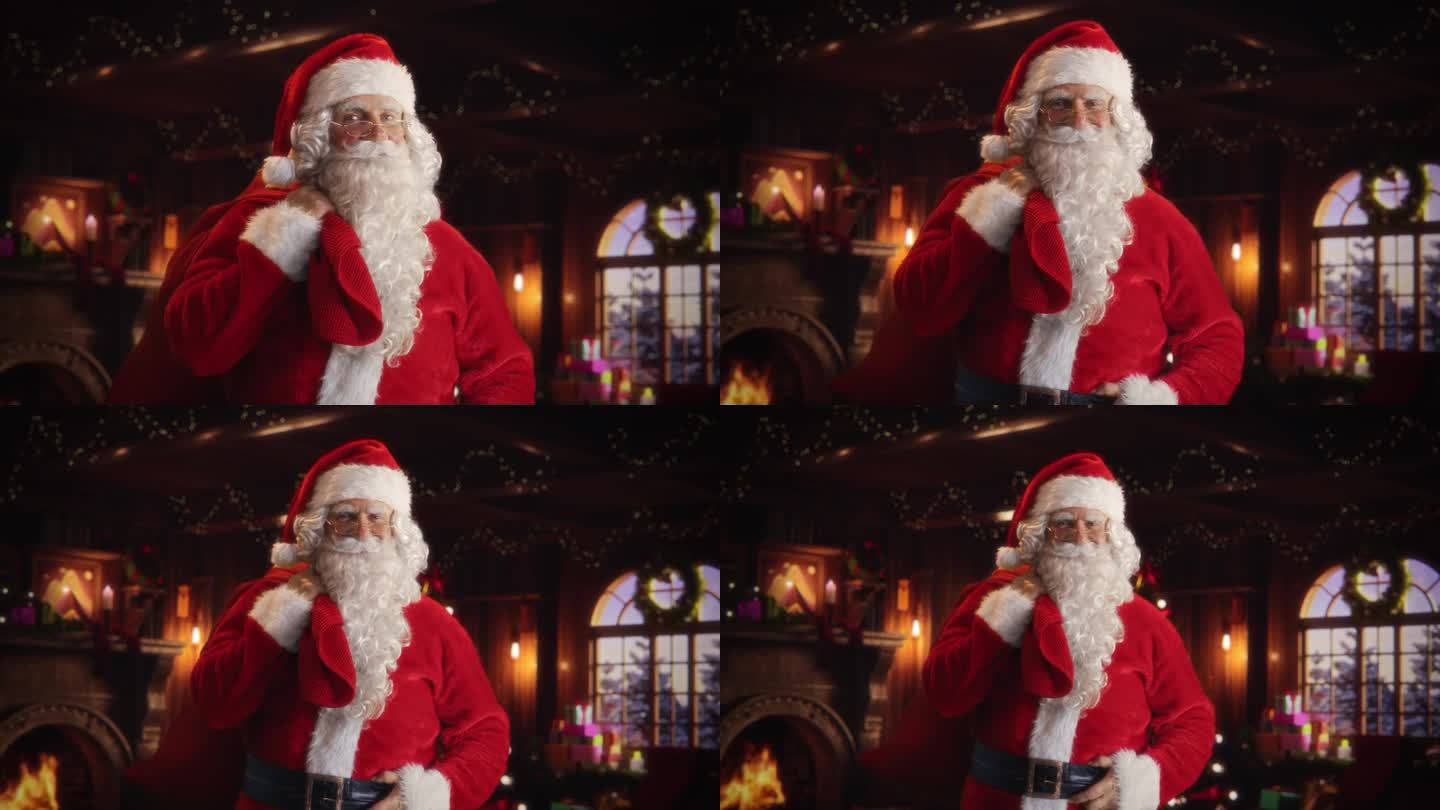 快乐的老年圣诞老人在节日装饰的家中看着镜头和摆姿势，拿着一个装着给孩子们礼物的大红色袋子。圣诞老人眨