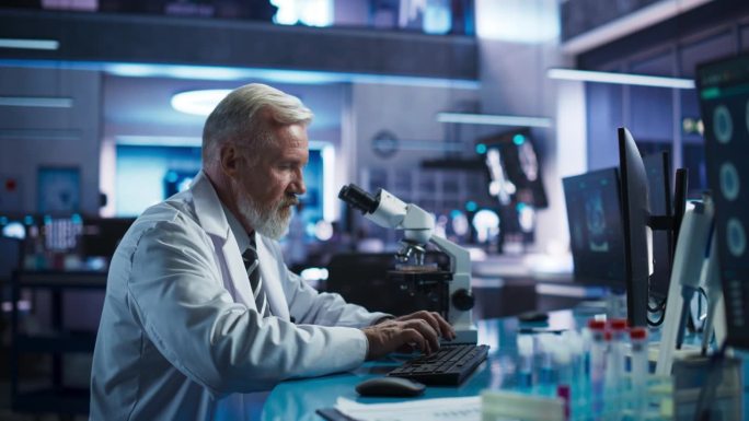 医学发展实验室:白人男性科学家用显微镜分析培养皿样品。大型制药实验室与专家进行生物技术研究，开发新药