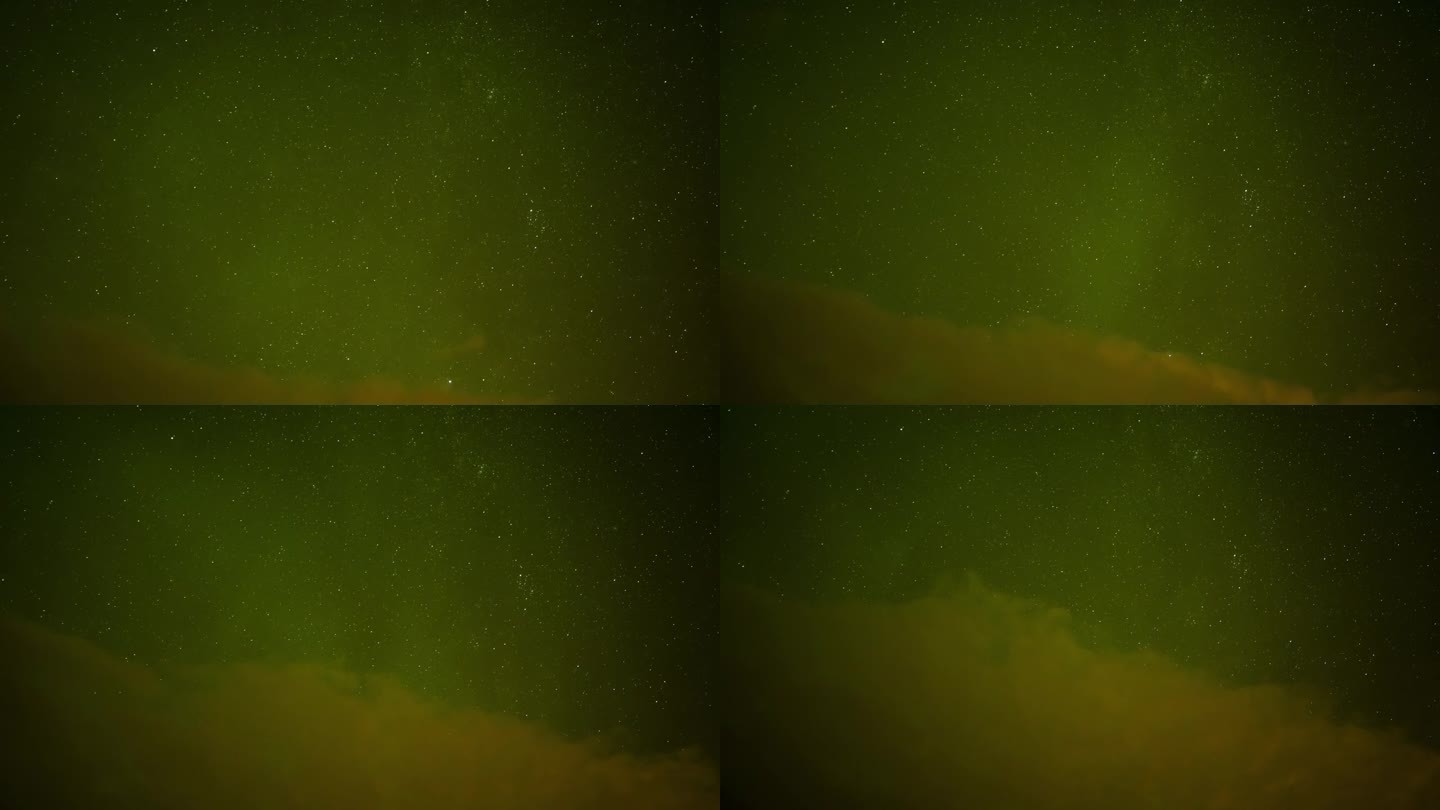 美丽的北极光闪耀在繁星点点的夜空中，流星体落下。慢慢拉近镜头，展现出在北极光前形成的云层