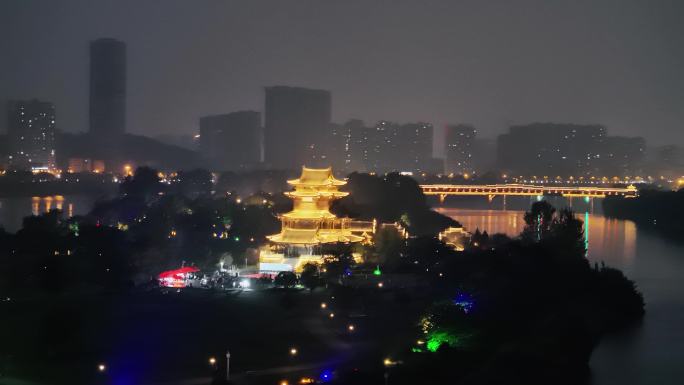 湖南省衡阳市东洲岛夫子楼夜景航拍