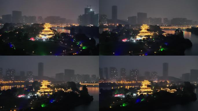 湖南省衡阳市东洲岛夫子楼夜景航拍