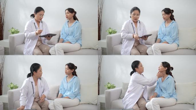 亚洲医生检查美丽病人的喉咙，检查症状、保健和医疗观念。