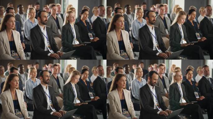 在国际医学峰会上，形形色色的生物制药企业家坐在人群中，用笔记本电脑、平板电脑做笔记。男女业界领袖聆听