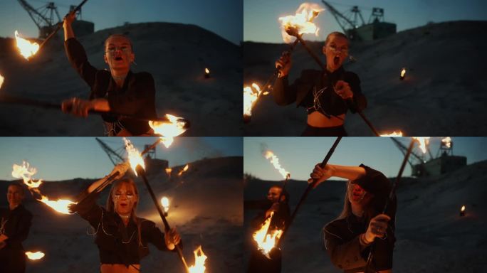 女人用火表演魔术，旋转燃烧的火炬，对着镜头做鬼脸，集体舞蹈