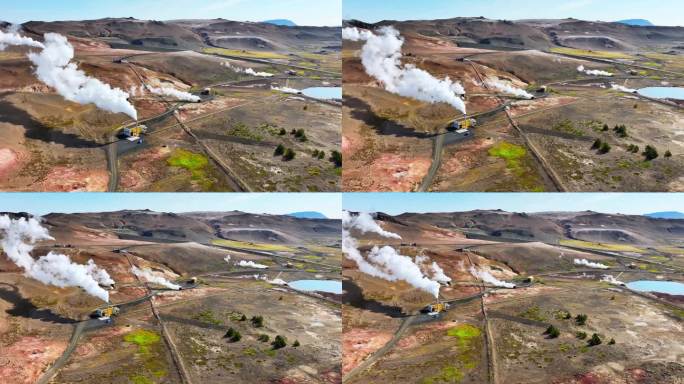 现代地热能发电厂工作，工厂工作与烟雾，位于风景如画的冰岛火山景观。