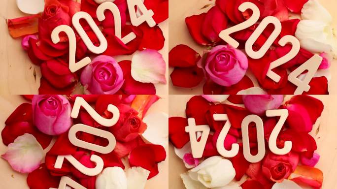 玫瑰花瓣和2023从木字母，旋转成一圈。粉色的，白色的，红玫瑰的，转动的。