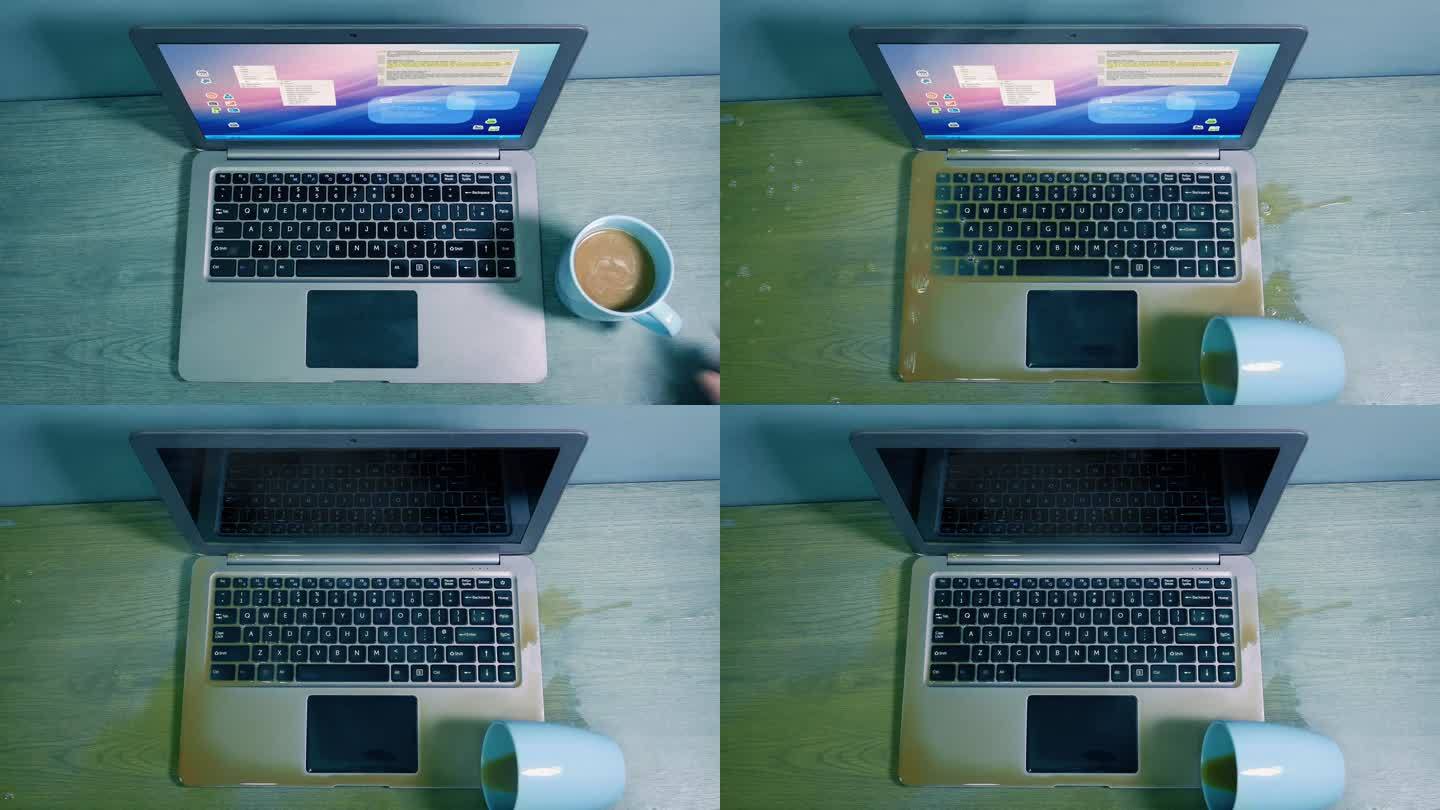咖啡洒在笔记本电脑上的俯视图