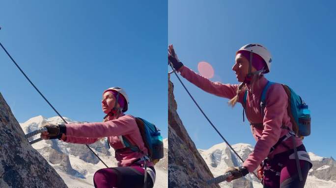 慢镜头:一名女子在夏季攀登阿尔卑斯山脉