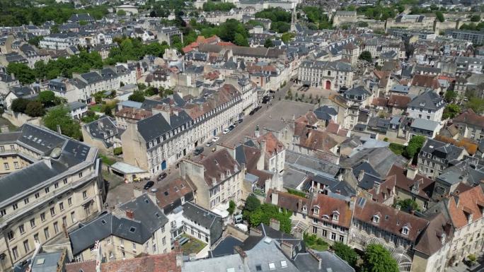 法国诺曼底卡昂市中心无人机空中俯瞰