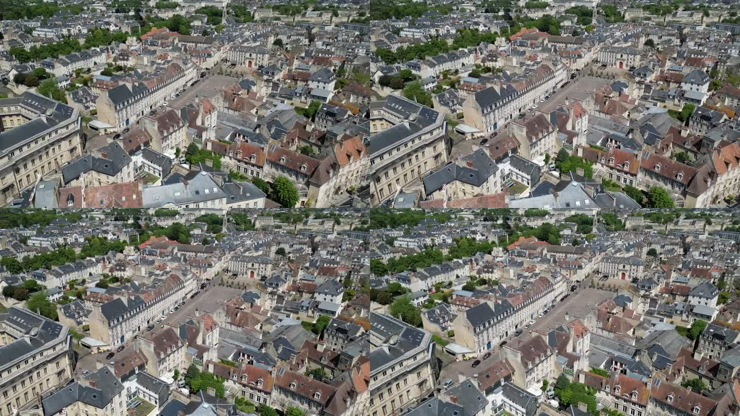 法国诺曼底卡昂市中心无人机空中俯瞰