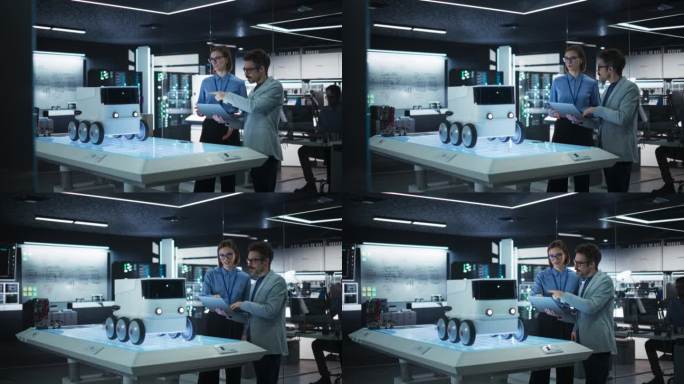 两位在研究机构工作的同事的肖像，使用笔记本电脑开发用于自动送货的未来机器人。制造专家向团队经理做演示