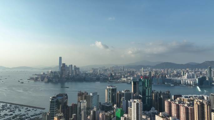 香港大景航拍维多利亚港太平山日落海湾风光