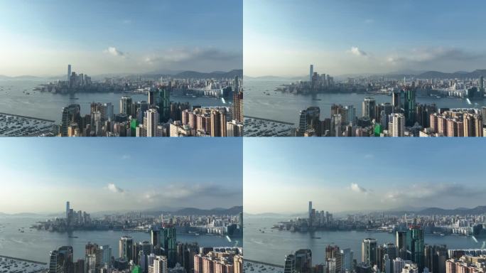 香港大景航拍维多利亚港太平山日落海湾风光