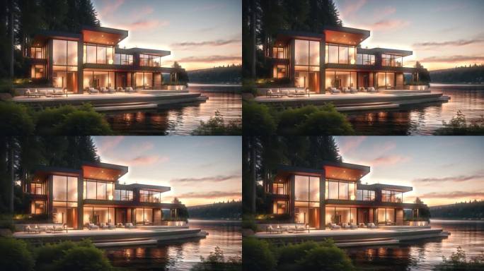 4k湖边别墅设计概念背景视频