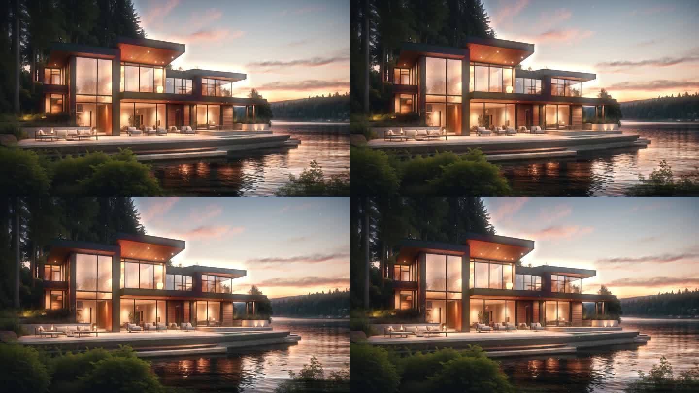 4k湖边别墅设计概念背景视频
