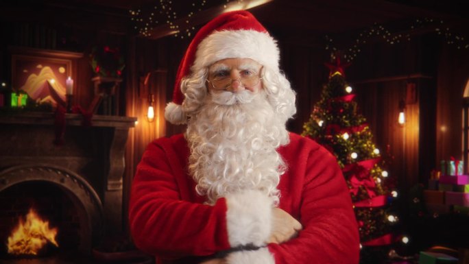 圣诞老人的肖像站在一个节日舒适的家壁炉，装饰品，圣诞树。圣诞老人双臂交叉，看着镜头，微笑和眨眼。寒假