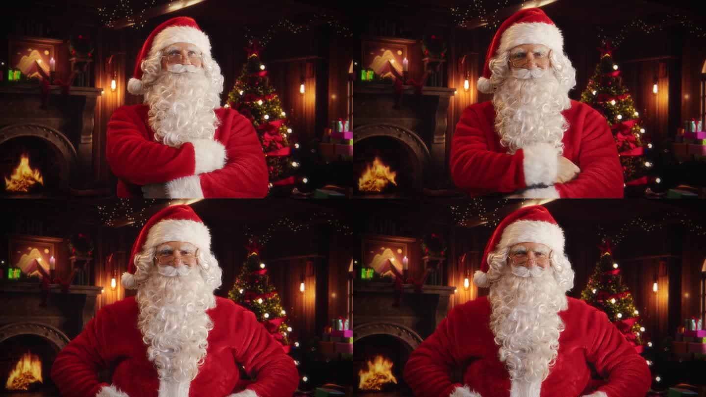 圣诞老人的肖像站在一个节日舒适的家壁炉，装饰品，圣诞树。圣诞老人双臂交叉，看着镜头，微笑和眨眼。寒假