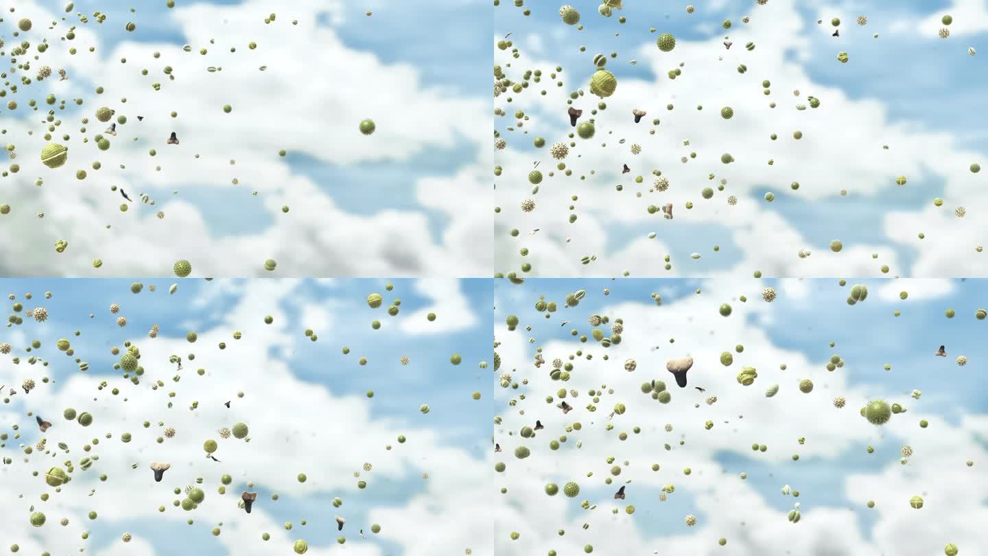 花粉颗粒，可以引发过敏，在春天通过空气在草地上传播- 3d插图