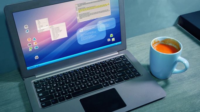 笔记本电脑和热汤饮料
