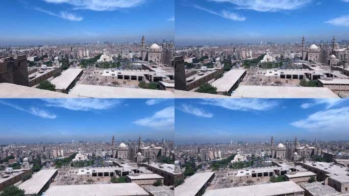 埃及开罗市中心全景鸟瞰图。平移镜头