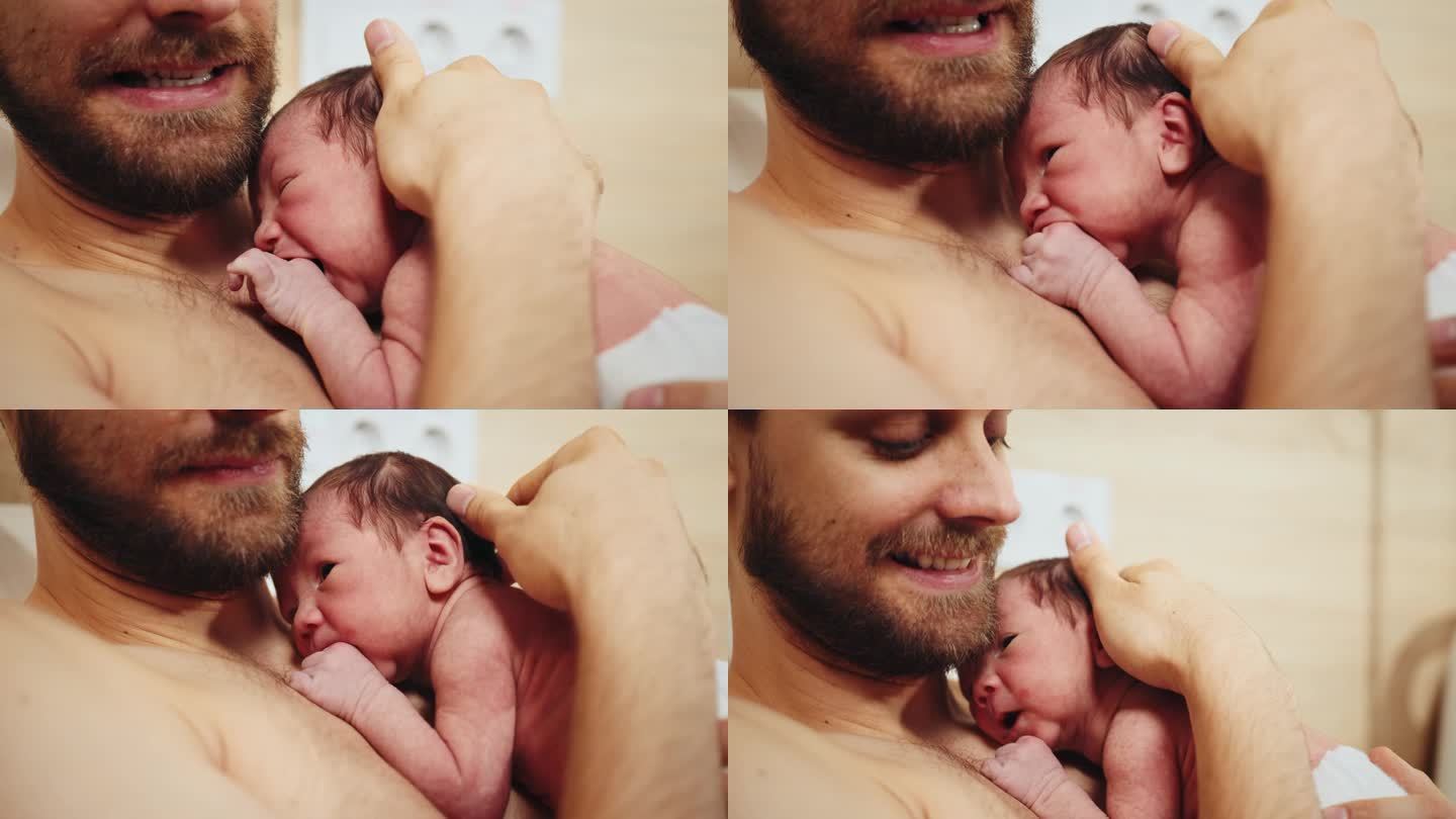 父亲坐在医院的扶手椅上和儿子亲密无间。在医院的产后部，可爱的新生男婴在父亲的乳房上照顾他的宝宝，做皮