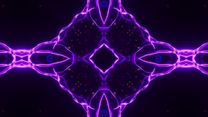 紫色抽象设计与圆圈和点在黑色的背景。万花筒VJ回路