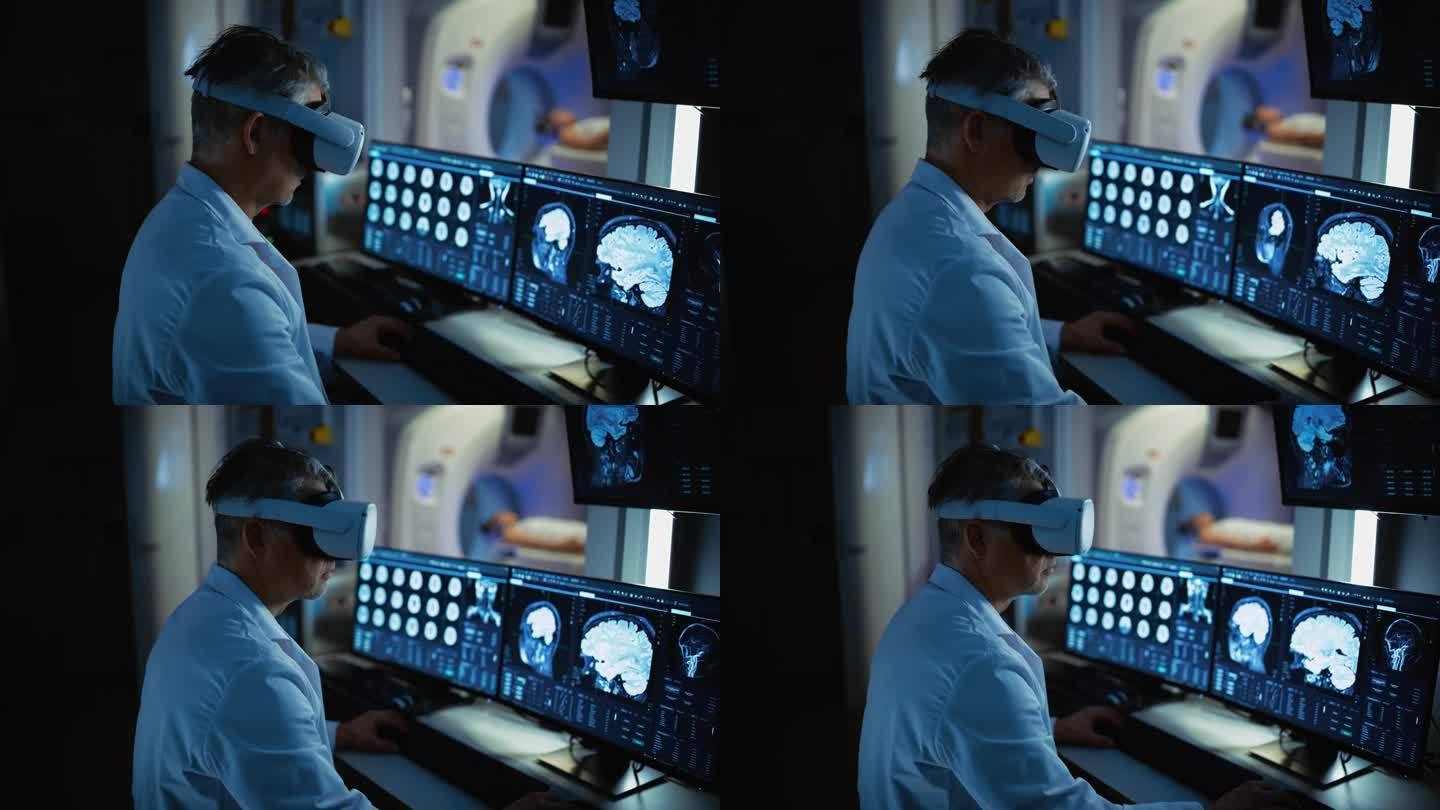 未来概念:在医疗控制室里，男医生戴着虚拟现实耳机监视正在进行核磁共振或CT扫描的病人。电脑显示脑部扫