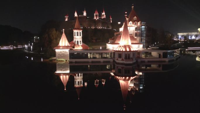 四川文化娱乐城玄珠湖公园城堡夜景航拍