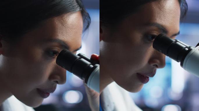 医学发展实验室的垂直屏幕:亚洲女科学家的肖像用显微镜，分析培养皿样品。大型制药实验室从事医学、生物技