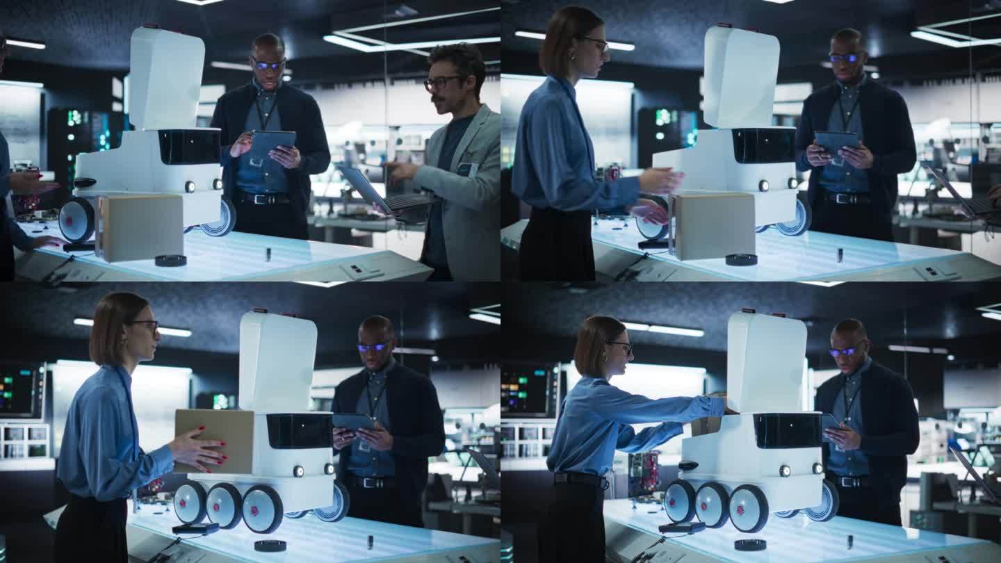 不同的团队的工业专家工作的远程控制移动机器人在一个研究设施。工程师用自动驾驶仪测试快递机的包裹隔间