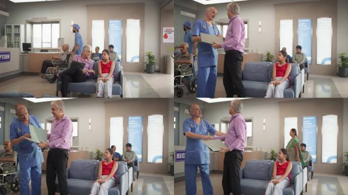 印度老人和他的孙女去医院做健康检查:医生和病人及其父亲谈话的照片，让他们放心化验结果