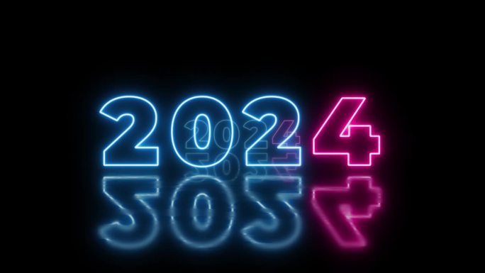 蓝色照明数字2023-2024年设计，湿地板和霓虹灯。抽象的宇宙充满活力的色彩背景。恭贺2024年新