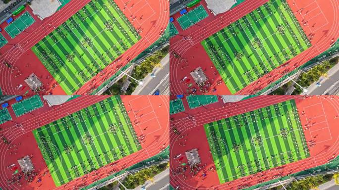 航拍学校大课间运动会活动足球场上的学生