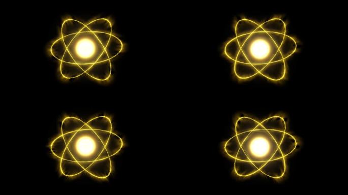 暗背景下的原子能量动画。发光的原子中心与原子粒子旋转。4K视频的科学和物理。3D