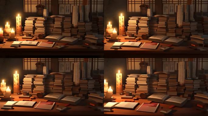 古代读书士人夜晚蜡烛灯光照射进温馨的书籍